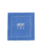 Pure linen cocktail napkin blue with white embroidered crossed palm trees – tropical island table linen