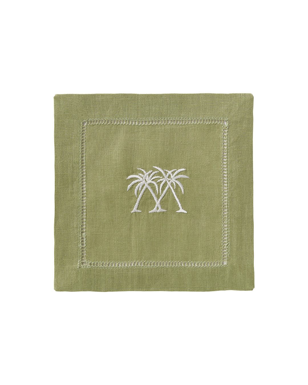 Sage green cocktail napkin with white crossed palm embroidery – luxury linen table accessory