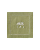 Sage green cocktail napkin with white crossed palm embroidery – luxury linen table accessory