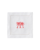 White linen cocktail napkin with coral pink embroidered palms – pure linen island decor