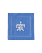 Blue linen cocktail napkin with white embroidered turtle – eco island-style pure linen napkin