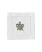 White linen cocktail napkin with green embroidered turtle – tropical sea life linen napkin