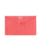 Pure linen envelope gift bag with crossed palms embroidery in white embroidery on Coral pink linen