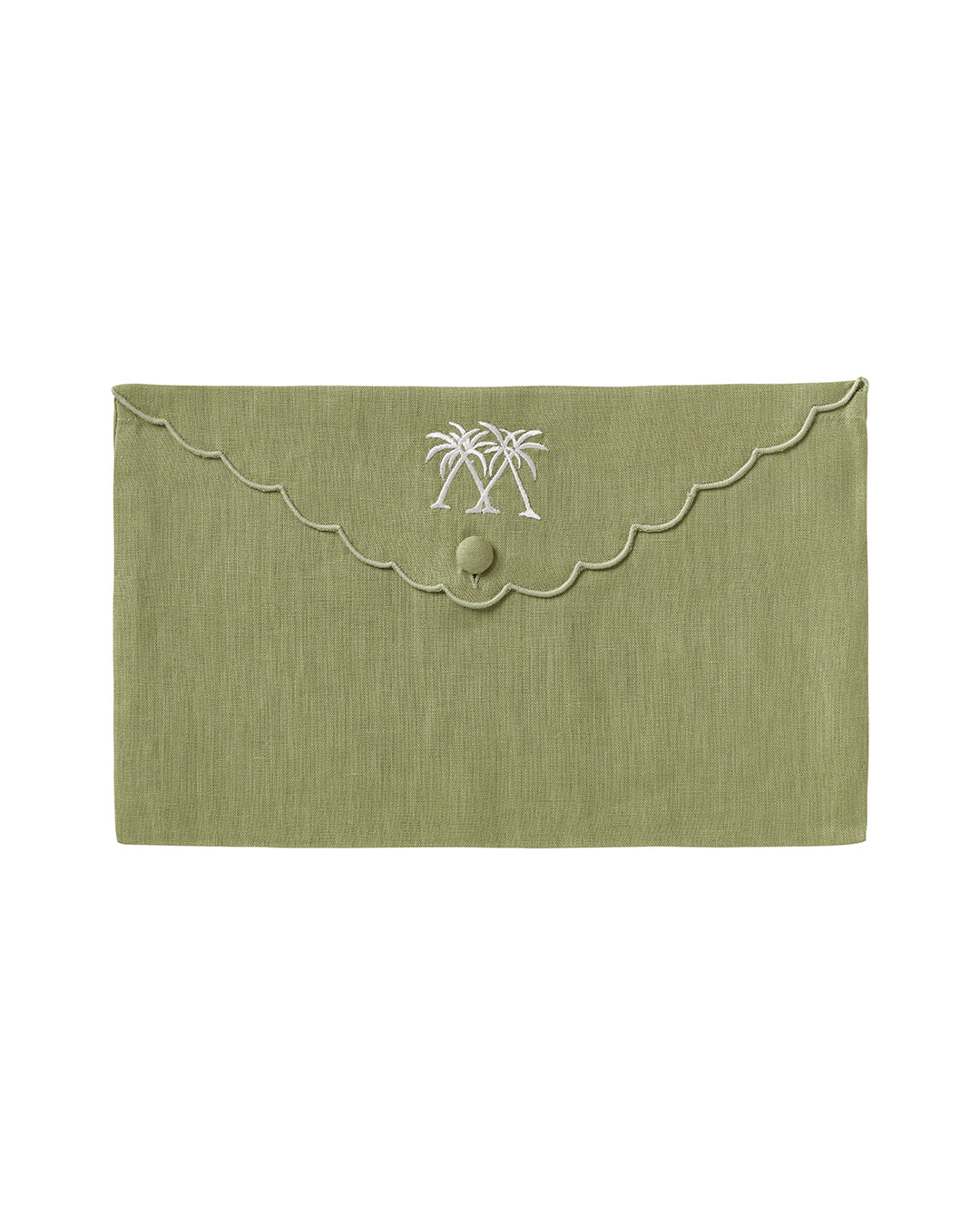 Pure linen envelope gift bag with crossed palms embroidery in white embroidery on Sage green linen