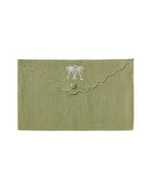 Pure linen envelope gift bag with crossed palms embroidery in white embroidery on Sage green linen