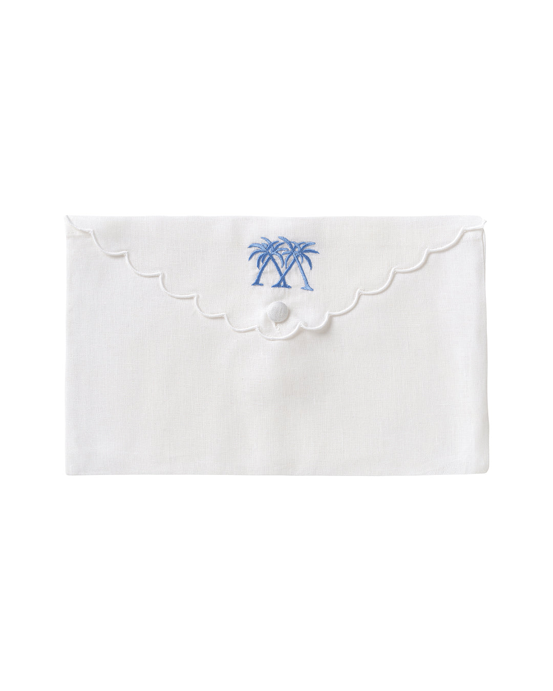 Pure linen envelope gift bag with crossed palms embroidery in azure blue embroidery on White linen
