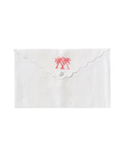 Pure linen envelope gift bag with crossed palms embroidery in coral pink embroidery on White linen
