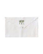 Pure linen envelope gift bag with crossed palms embroidery in green embroidery on White linen