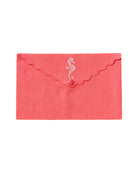 Pure linen envelope gift bag with seahorse embroidery in white embroidery on Coral pink linen