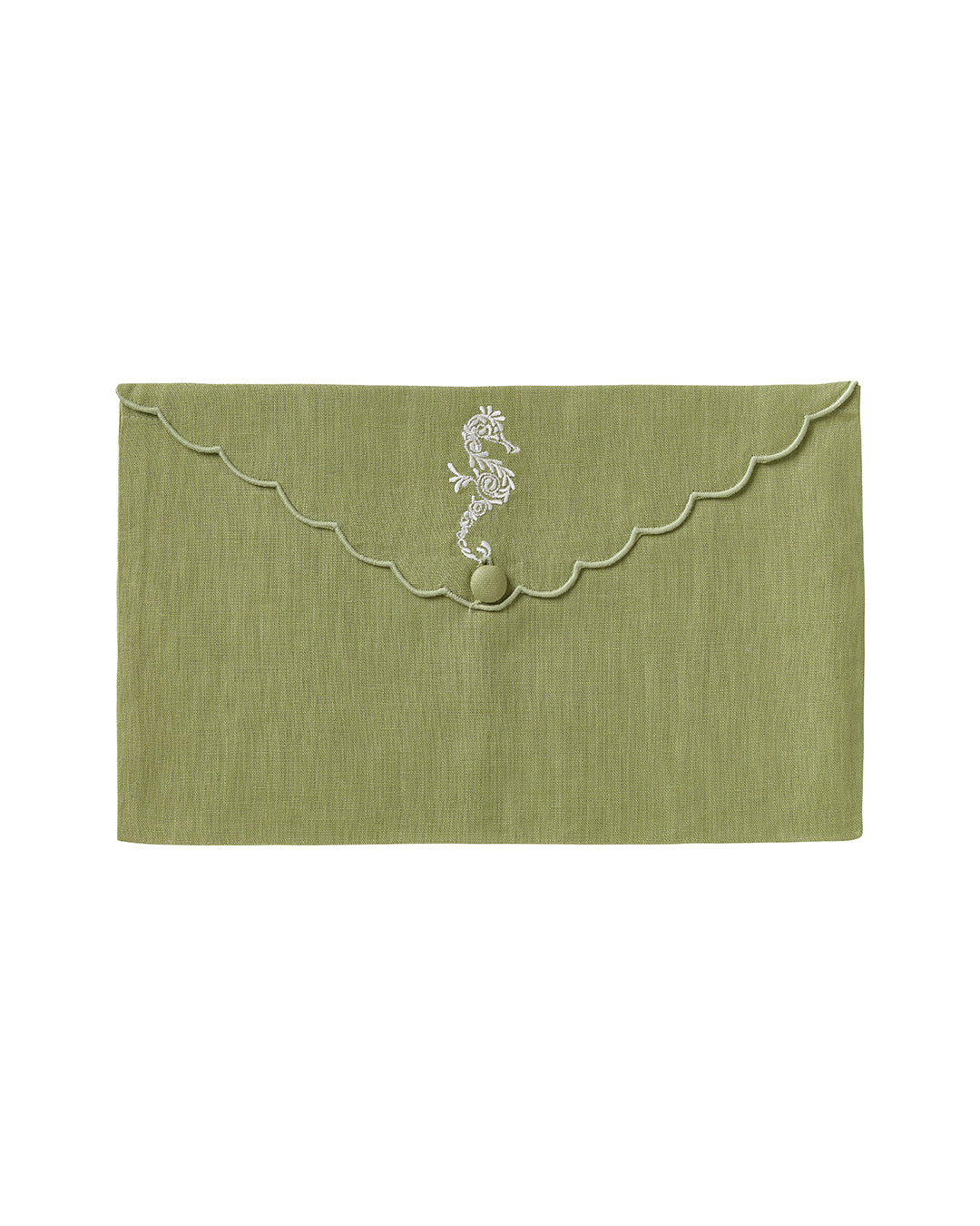 Pure linen envelope gift bag with seahorse embroidery in white embroidery on Sage green linen