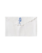 Pure linen envelope gift bag with seahorse embroidery in azure blue embroidery on White linen