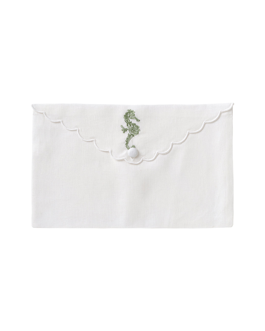 Pure linen envelope gift bag with seahorse embroidery in green embroidery on White linen