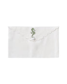 Pure linen envelope gift bag with seahorse embroidery in green embroidery on White linen