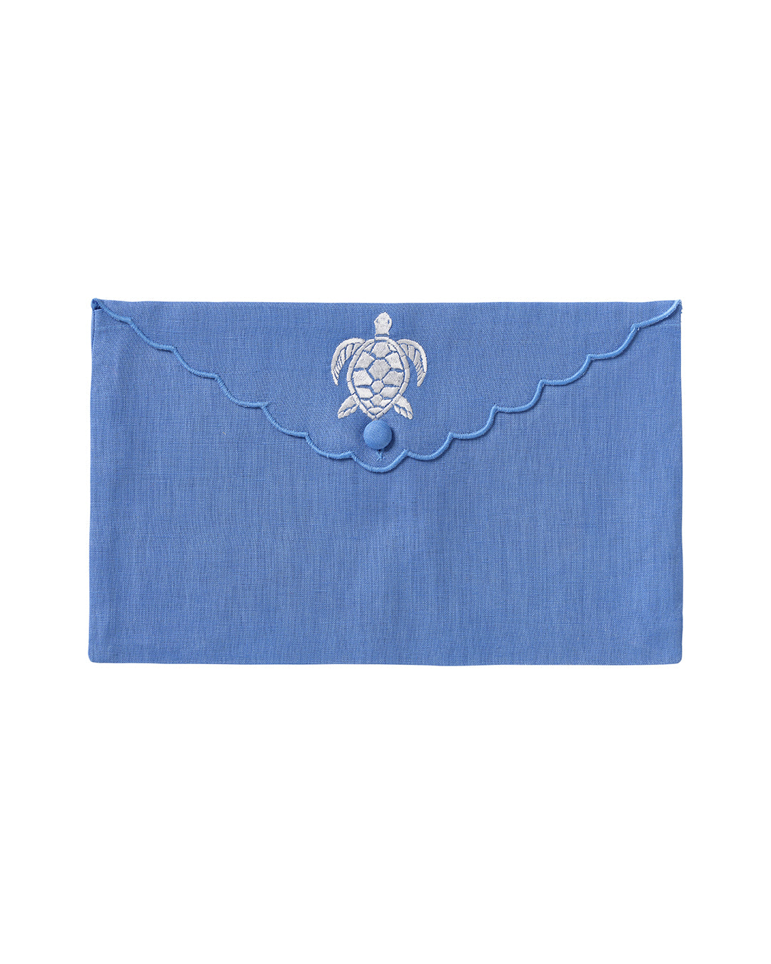 Pure linen envelope gift bag with turtle embroidery in white embroidery on Blue linen