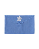 Pure linen envelope gift bag with turtle embroidery in white embroidery on Blue linen