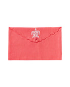 Pure linen envelope gift bag with turtle embroidery in white embroidery on Coral pink linen