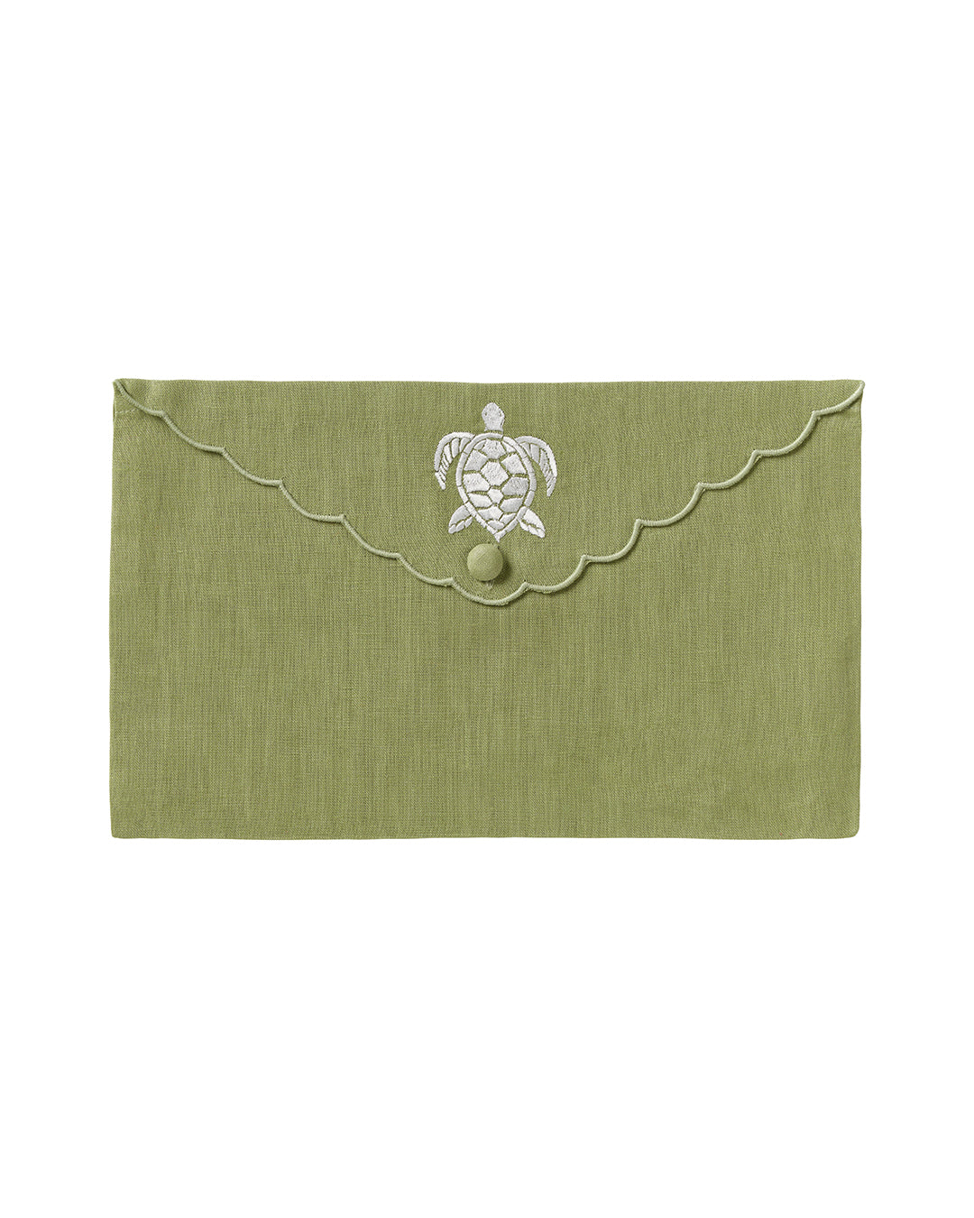 Pure linen envelope gift bag with turtle embroidery in white embroidery on Sage green linen