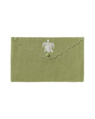 Pure linen envelope gift bag with turtle embroidery in white embroidery on Sage green linen
