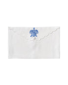 Pure linen envelope gift bag with turtle embroidery in azure blue embroidery on White linen