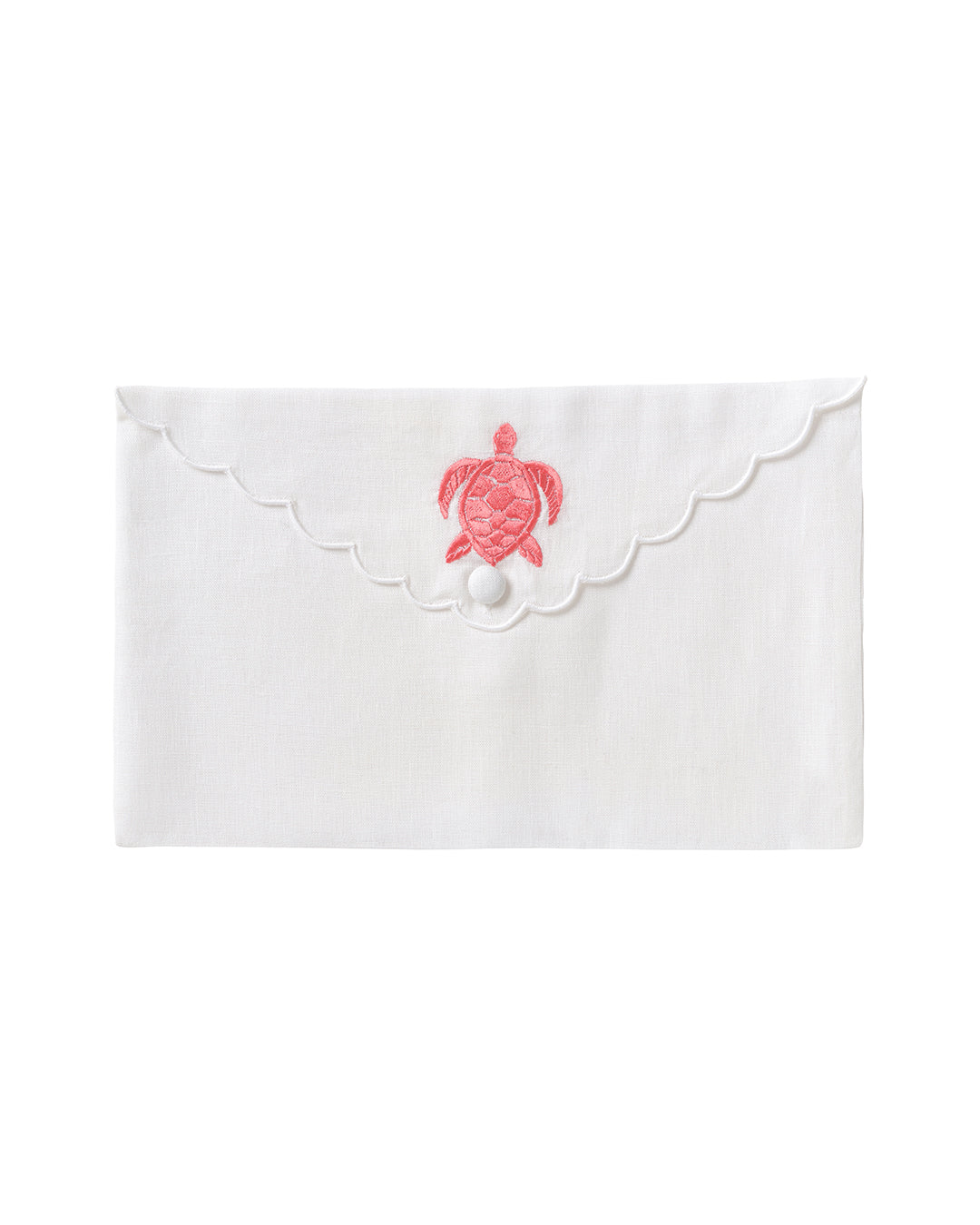Pure linen envelope gift bag with turtle embroidery in coral pink embroidery on White linen