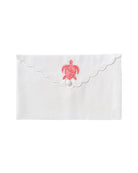 Pure linen envelope gift bag with turtle embroidery in coral pink embroidery on White linen