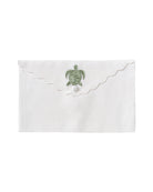 Pure linen envelope gift bag with turtle embroidery in green embroidery on White linen