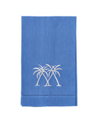 Blue linen hand towel with white crossed palm embroidery, pure linen tropical guest towel, island home bathroom linen
