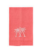 Coral pink linen hand towel with white palm embroidery, luxury pure linen guest towel for tropical island bathrooms