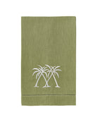 Sage green linen hand towel with white palm tree embroidery, embroidered pure linen bathroom or guest towel