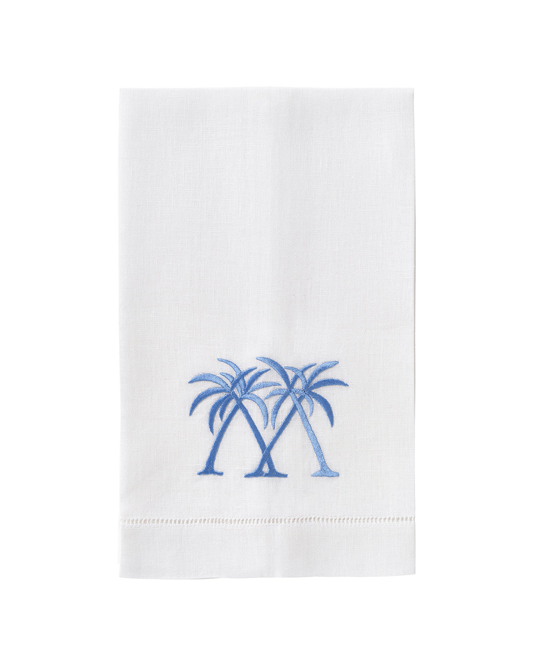 White linen hand towel with azure blue palm embroidery, embroidered pure linen guest towel for island home decor