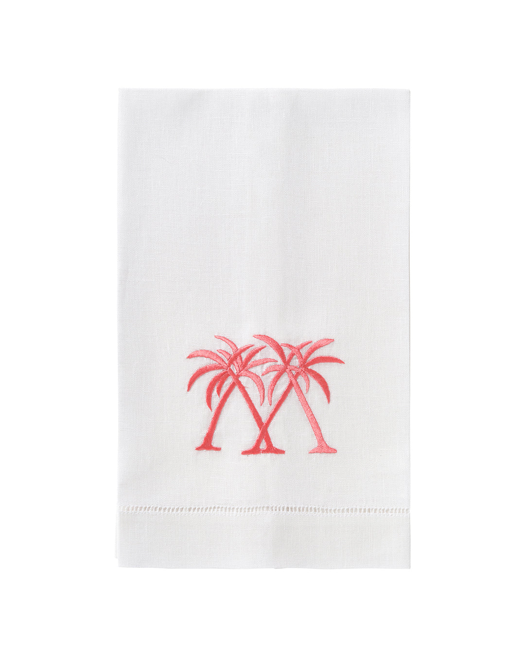 White linen towel with coral pink palm embroidery, luxury embroidered pure linen guest towel with tropical motif