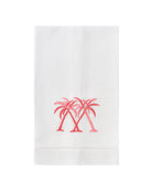 White linen towel with coral pink palm embroidery, luxury embroidered pure linen guest towel with tropical motif