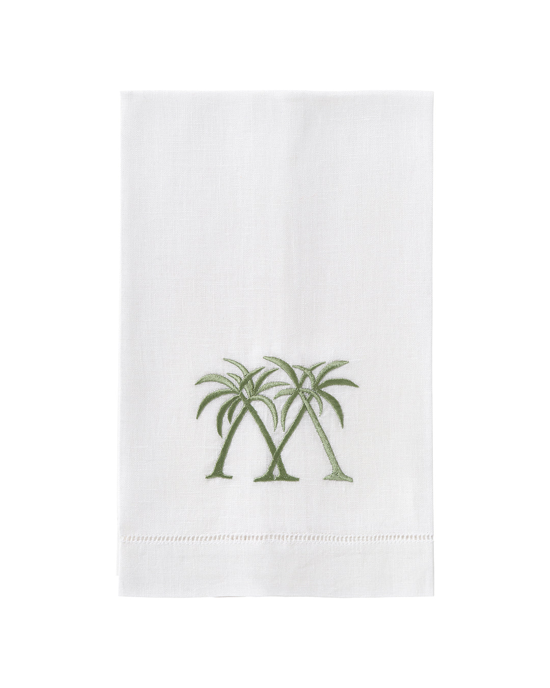 White linen hand towel with sage green crossed palm embroidery, tropical pure linen bathroom towel for coastal homes