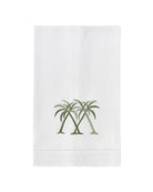 White linen hand towel with sage green crossed palm embroidery, tropical pure linen bathroom towel for coastal homes