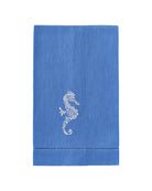 Pure linen guest towel in blue with white seahorse embroidery – luxury coastal embroidered bathroom or kitchen accessory