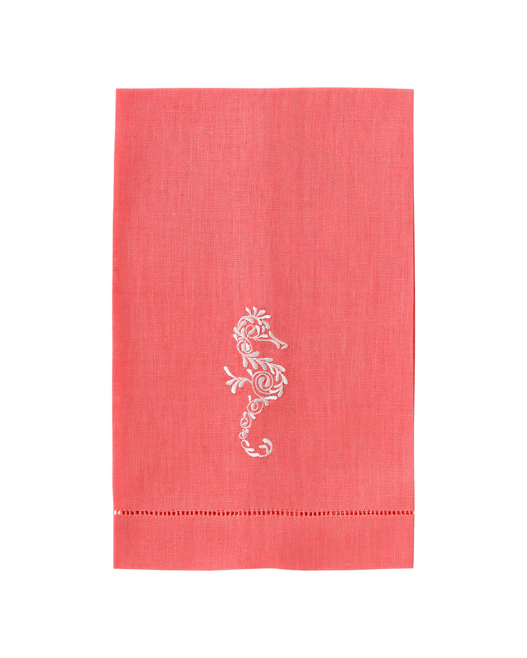 Coral pink linen hand towel with white embroidered seahorse – coastal chic embroidered bathroom linen or hostess gift