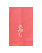 Coral pink linen hand towel with white embroidered seahorse – coastal chic embroidered bathroom linen or hostess gift