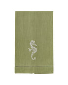 Sage green linen guest towel with white seahorse embroidery – luxury linen hand towel for bathroom or beach house
