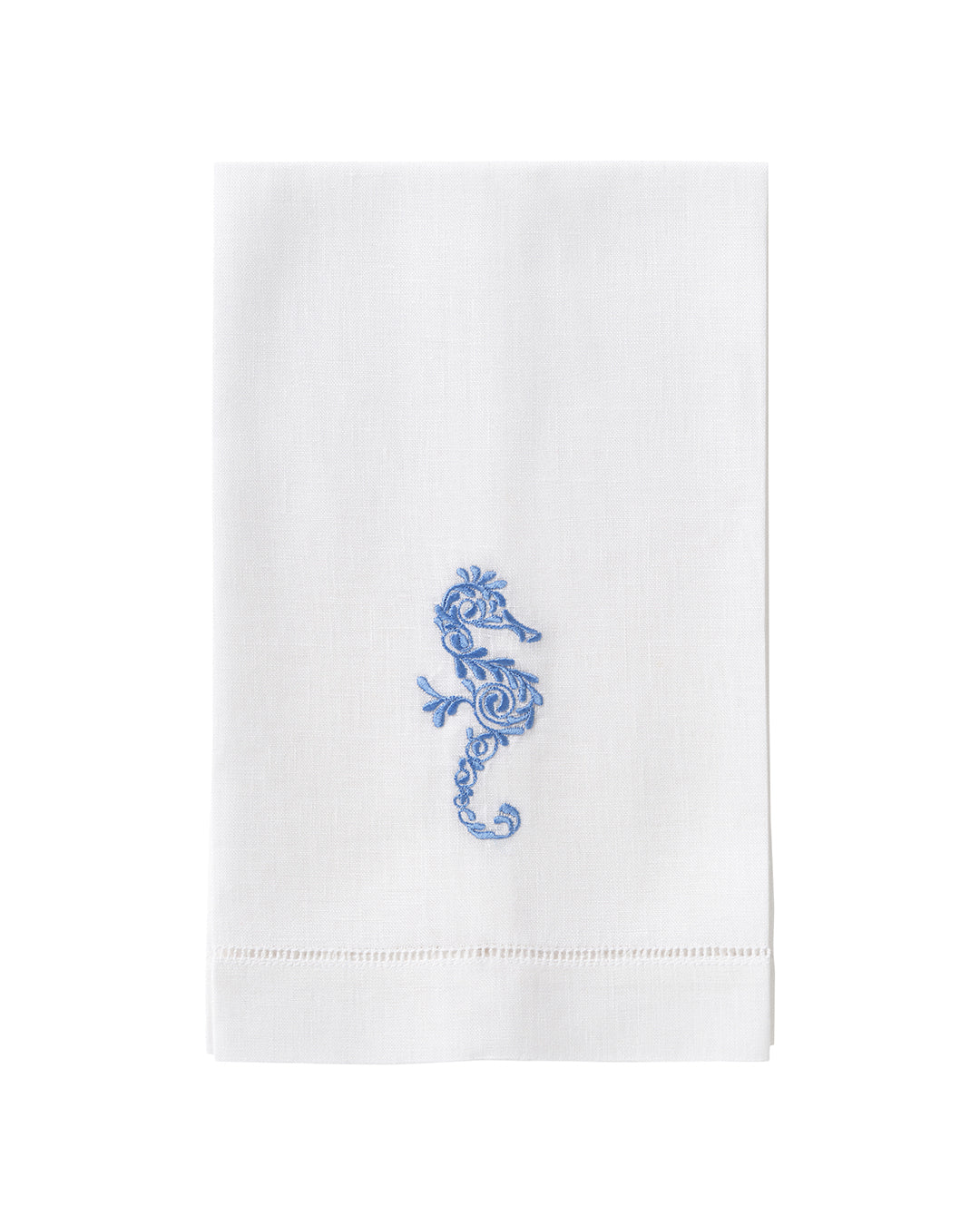 White pure linen hand towel with blue embroidered seahorse – nautical embroidered guest towel for coastal decor