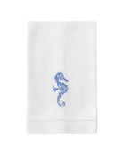 White pure linen hand towel with blue embroidered seahorse – nautical embroidered guest towel for coastal decor