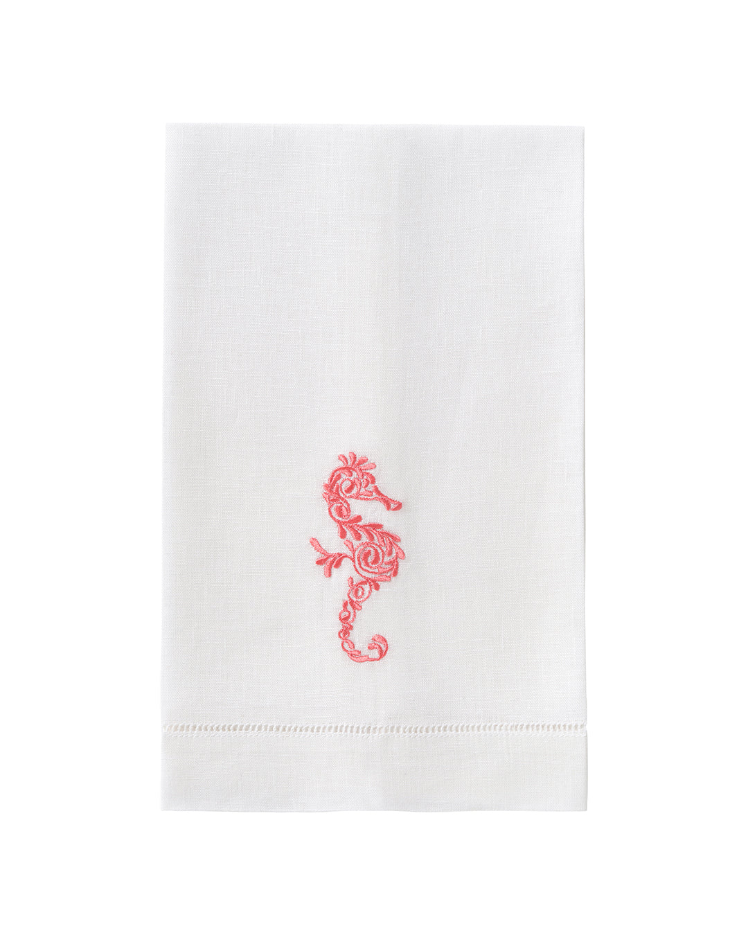White linen hand towel with coral pink embroidered seahorse – elegant bathroom linen or seaside hostess gift
