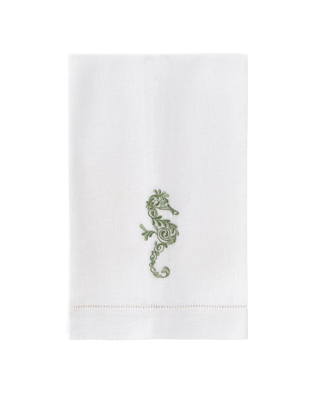 White linen guest towel with green seahorse embroidery – luxury coastal embroidered hand towel in pure linen