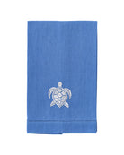 Pure linen hand towel in blue with white embroidered turtle – luxury coastal bathroom decor or tropical guest towel
