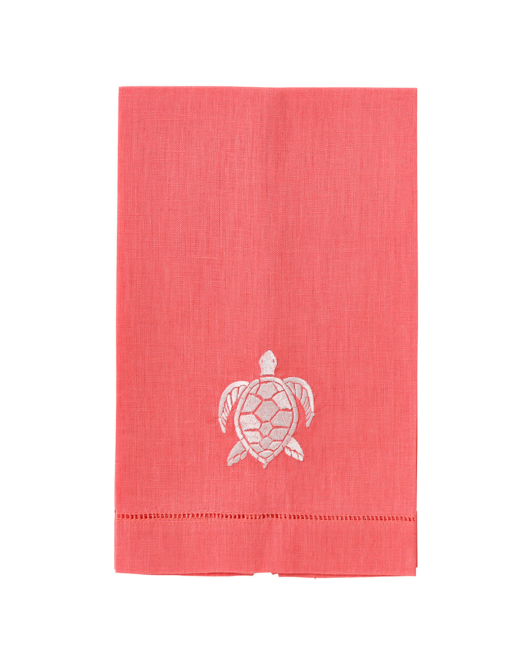 Coral pink linen hand towel with white embroidered turtle – luxury tropical coastal bathroom or guest towel