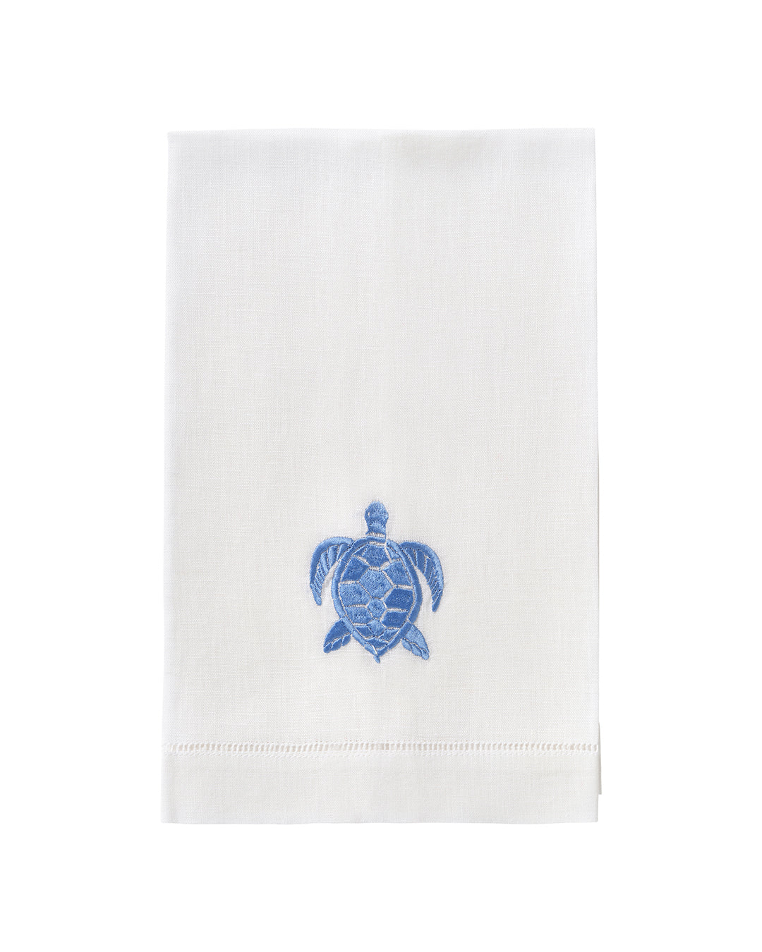 White pure linen hand towel with blue turtle embroidery – elegant ocean-inspired bathroom or guest towel