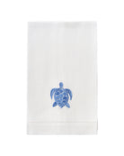 White pure linen hand towel with blue turtle embroidery – elegant ocean-inspired bathroom or guest towel