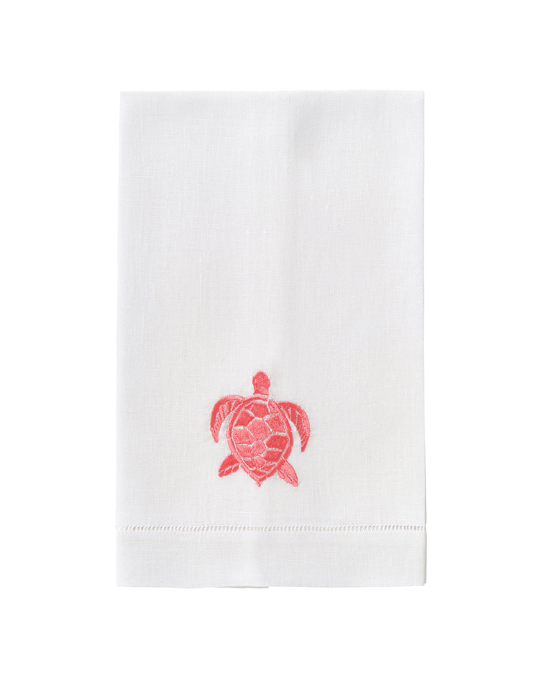 White linen hand towel with coral pink embroidered turtle – tropical beach home or summer guest bathroom towel