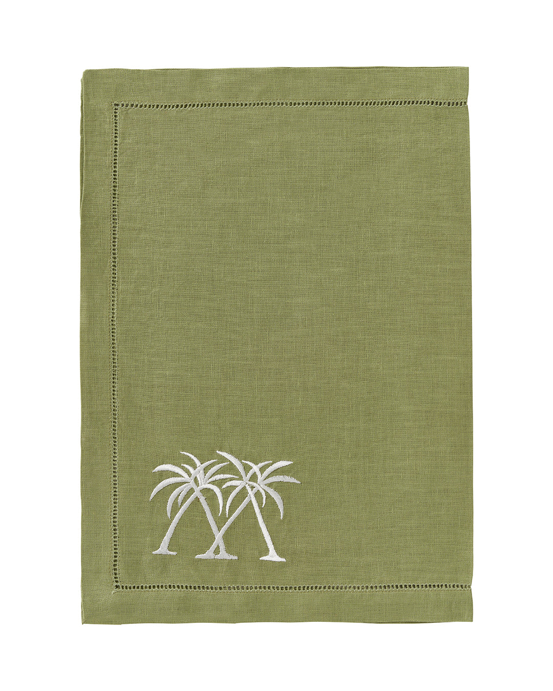 Pure linen placemat sage green with white palm embroidery – luxury island-style table linen by Pink House Mustique