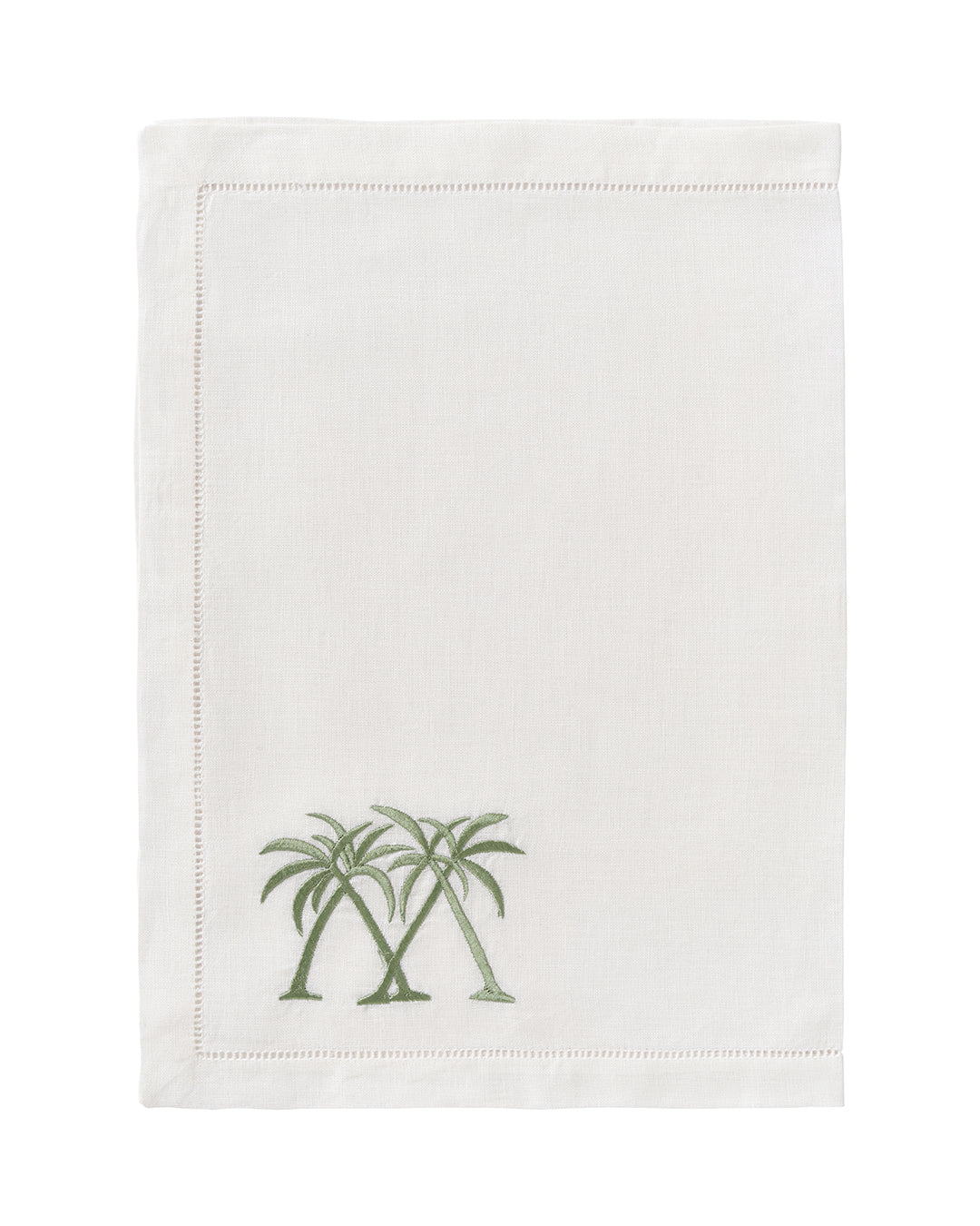 Luxury white linen placemat with green embroidered palms – pure linen tropical decor by Pink House Mustique