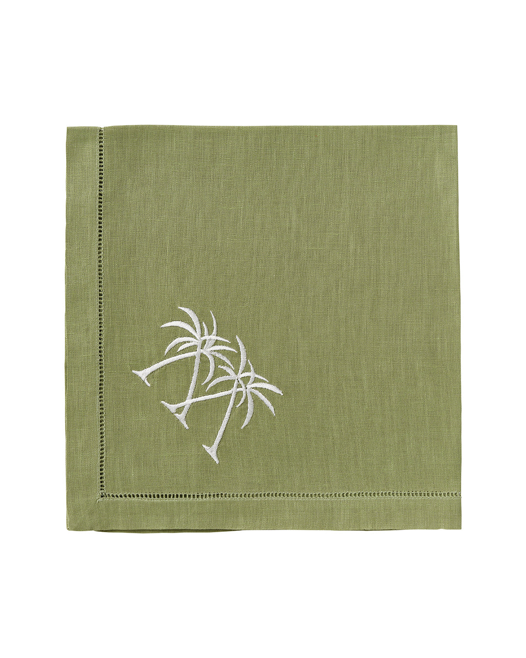 Sage green linen napkin with white crossed palms – elegant tropical table linen from Pink House Mustique